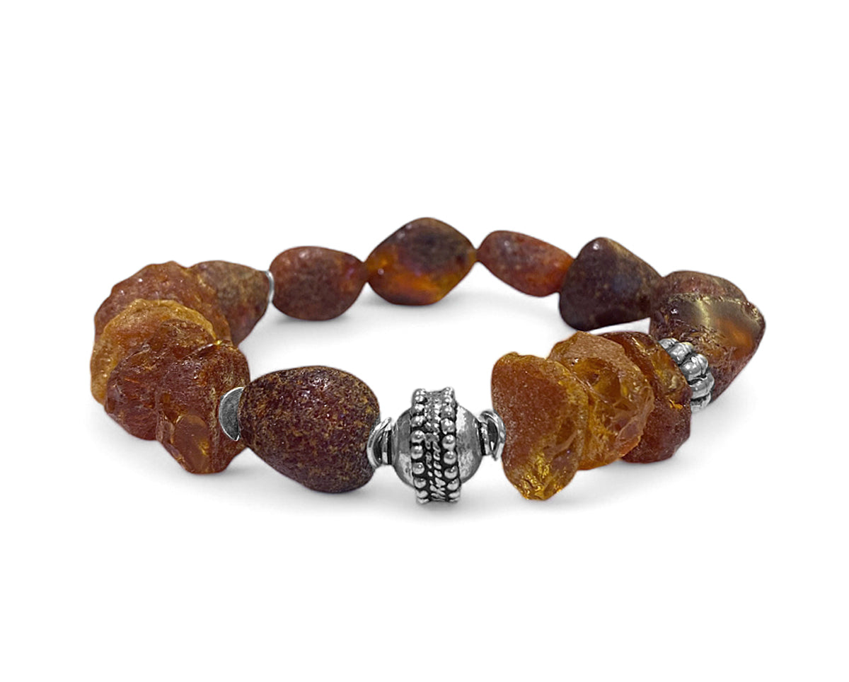 Ethno Boho Rohbernstein Armband Matt 925 Sterling Silber Dehnbar Unisex Unikat