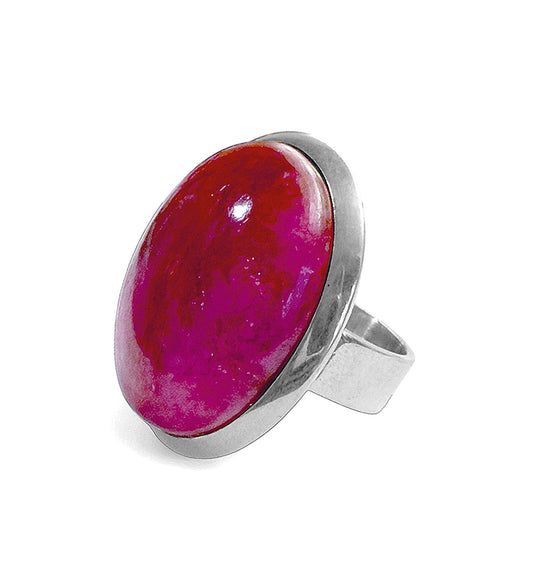 Rubin-Ring Cabochon Groß Rund Pink 925 Sterling Silber Größenverstellbar Unikat