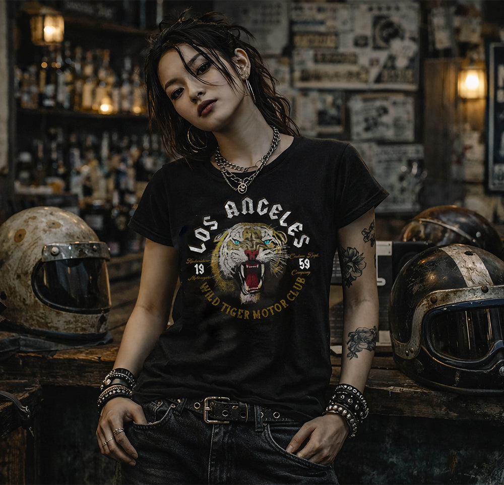 Rude Riders T-Shirt La Tiger Motor Club Print Vintage Schwarz Model