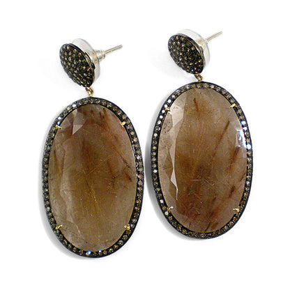Statement-Ohrringe Rutilquarz Braune Brillanten 925 Sterling Silber 585 Gold Unikat 6 cm