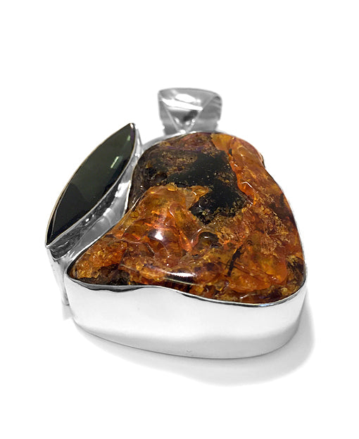 Steinanhänger Bernstein Obsidian Sterling Silber Unikat Seitlich