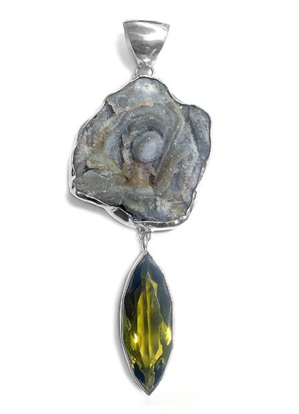 Steinanhänger Chalcedon-Rosette Grau Obsidian Grün Sterling Silber Unikat