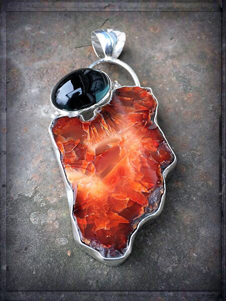 Steinanhänger Orangencalcit Obsidian Groß Sterling Silber Unikat
