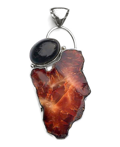 Steinanhänger Orangencalcit Obsidian Groß 925 Sterling Silber Unikat

