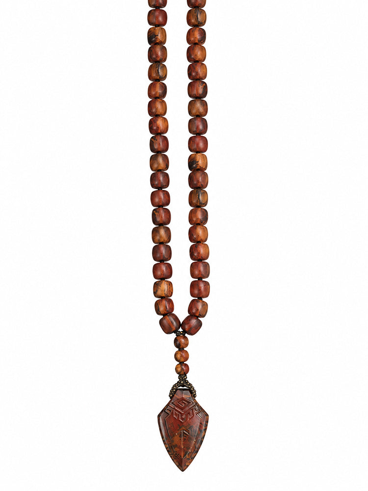 Steinkette Bernstein Cognac Dunkelbraun Matt Eckige Bernsteinperlen Geknotet Geschnitzter Ethno-Anhänger Unikat Boho-Style