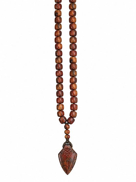 Steinkette Bernstein Cognac Dunkelbraun Matt Eckige Bernsteinperlen Geknotet Geschnitzter Ethno-Anhänger Unikat Boho-Style