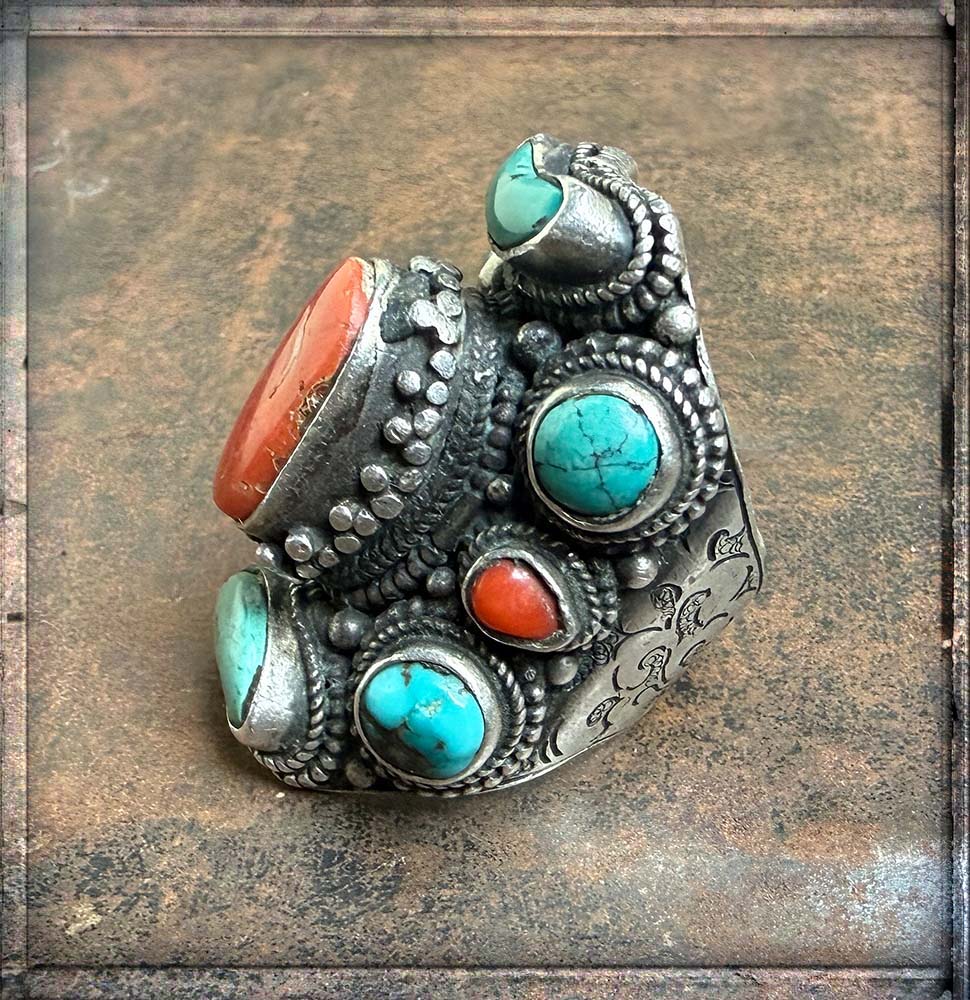 Bohemian Steinring Unikat 925 Sterling Silber Massiv Türkis Koralle Größenverstellbar Seitlich Boho-Style