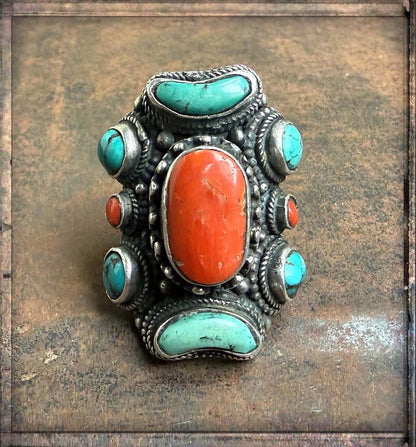 Bohemian Steinring Unikat 925 Sterling Silber Massiv Türkis Koralle Größenverstellbar Boho-Style