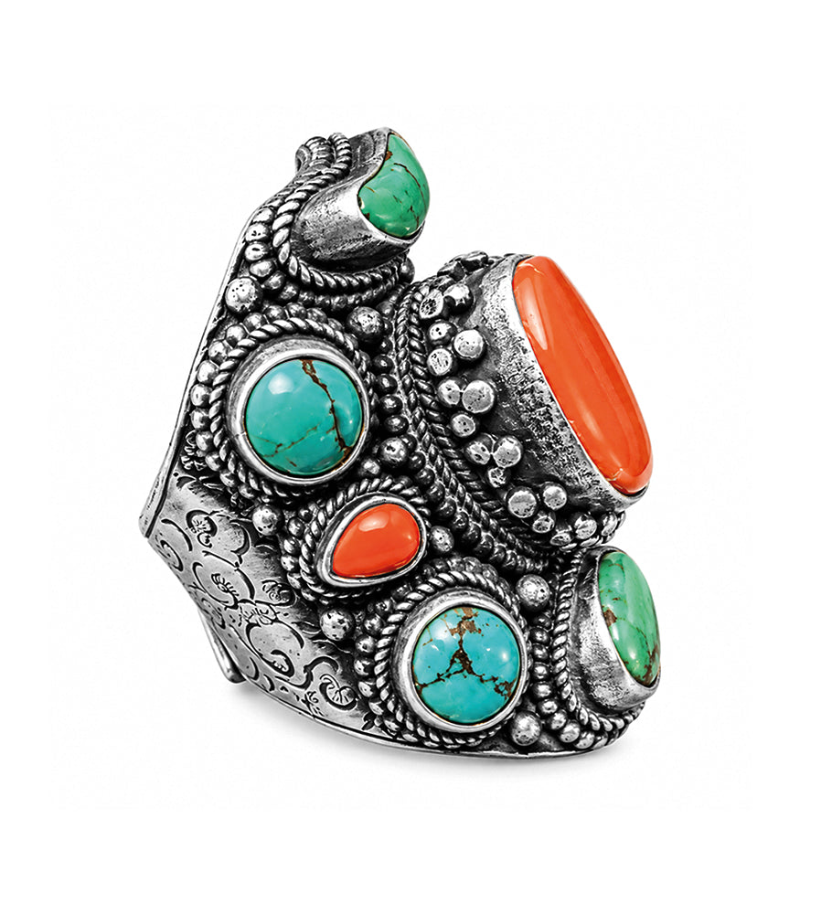 Bohemian Steinring Unikat 925 Sterling Silber Massiv Türkis Koralle Größenverstellbar Seitlich