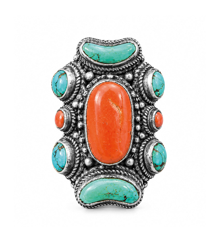 Bohemian Steinring Unikat 925 Sterling Silber Massiv Türkis Koralle Größenverstellbar