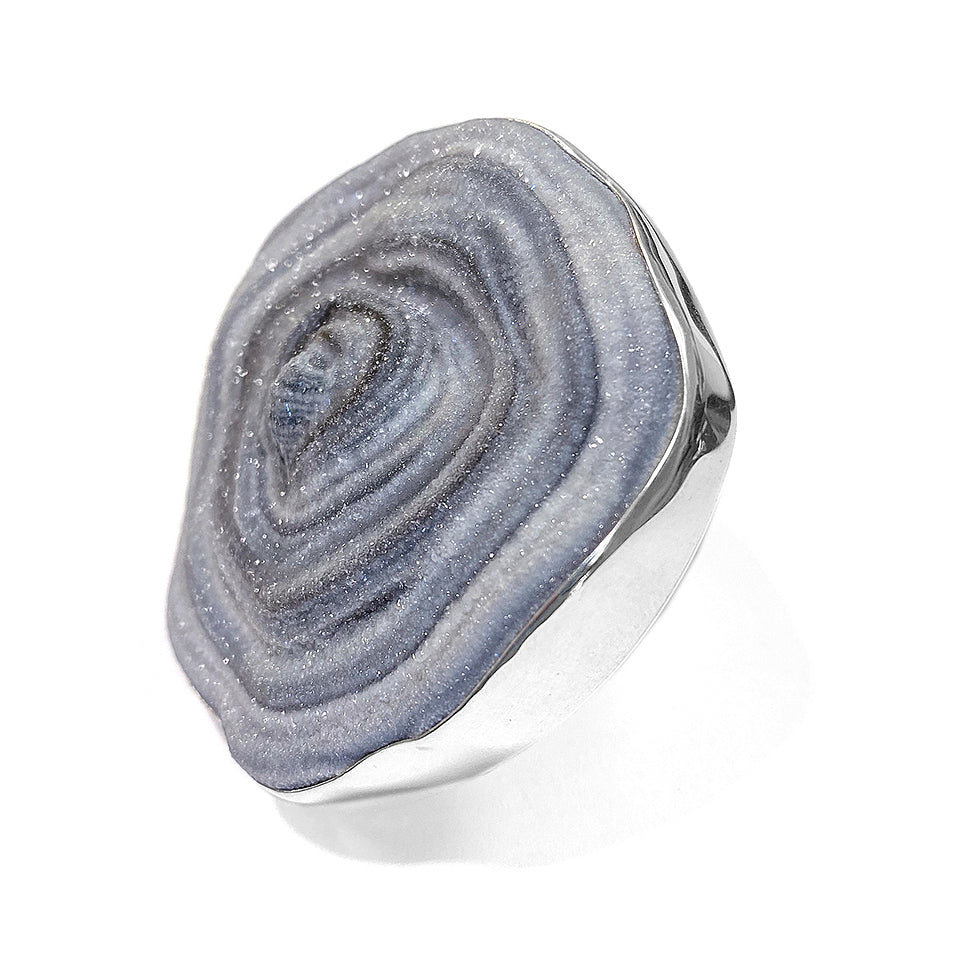 Steinring Chalcedon-Rosette XL Groß Unikat 925 Sterling Silber Größenverstellbar Seitlich