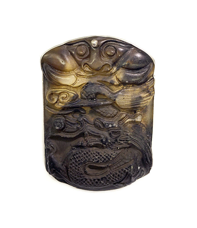 Steinring Chinesische Jade Geschnitzt Unikat Gross Eckig 925 Sterling Silber Größenverstellbar