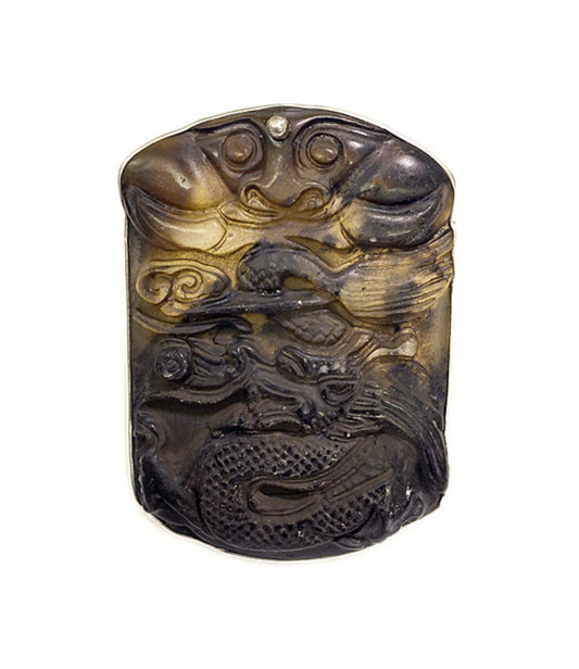 Steinring Chinesische Jade Geschnitzt Unikat Gross Eckig 925 Sterling Silber Größenverstellbar
