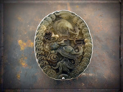 Steinring Chinesische Jade Geschnitzt Gross Oval Sterling Silber Größenverstellbar Unikat