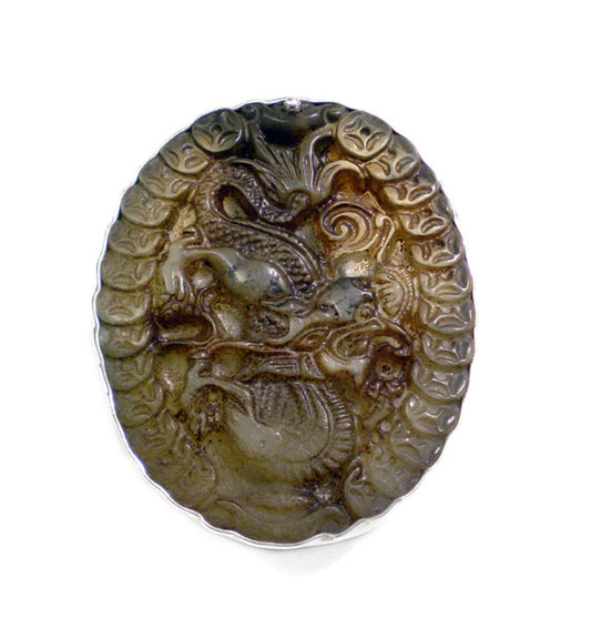 Steinring Chinesische Jade Geschnitzt Gross Oval 925 Sterling Silber Größenverstellbar Unikat