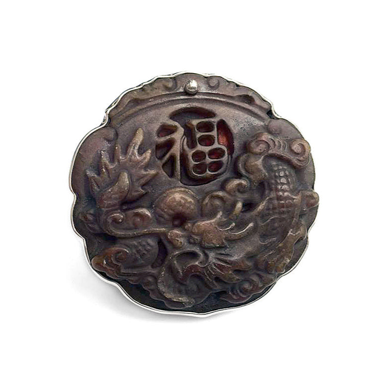Steinring Chinesische Jade Geschnitzt Unikat Gross Sterling Silber Größenverstellbar