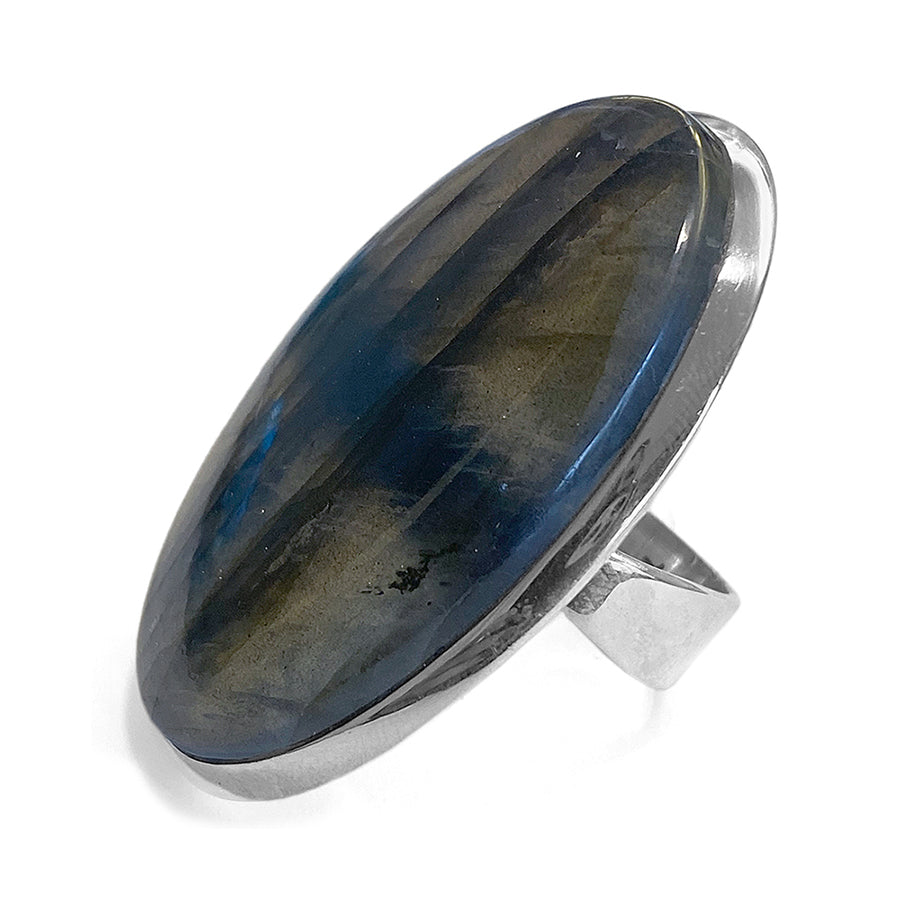 Labradorit-Ring Gross Oval 925 Sterling Silber Unikat Größenverstellbar Seitlich