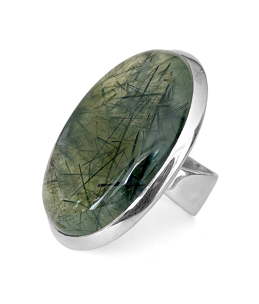 Steinring Prehnit Groß Oval 925 Sterling Silber Unikat Größenverstellbar