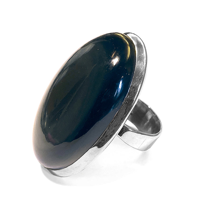 Regenbogenobsidian-Ring Groß Oval 925 Sterling Silber Unikat Größenverstellbar Seitlich