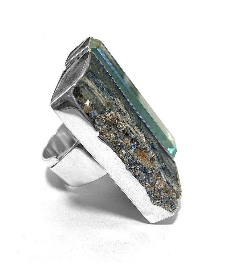 Steinring Schieferpyrith Obsidian Unikat 925 Sterling Silber Größenverstellbar Seitlich