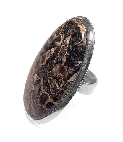 Steinring Turritella-Jaspis Oval Groß 925 Sterling Silber Größenverstellbar Unikat Seitlich