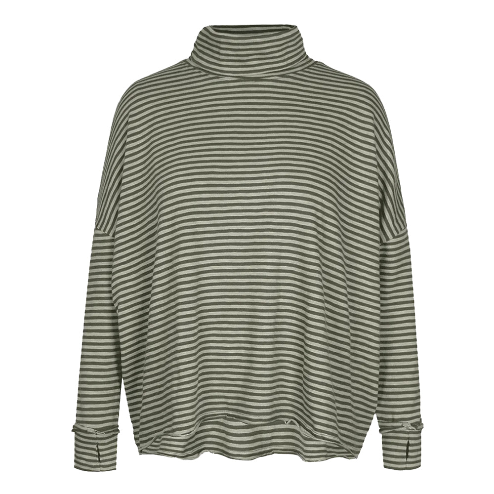Love Joy Victory Longsleeve Rollkragen Kimbe Streifen Oliv Thyme Bio-Baumwolle Oversize