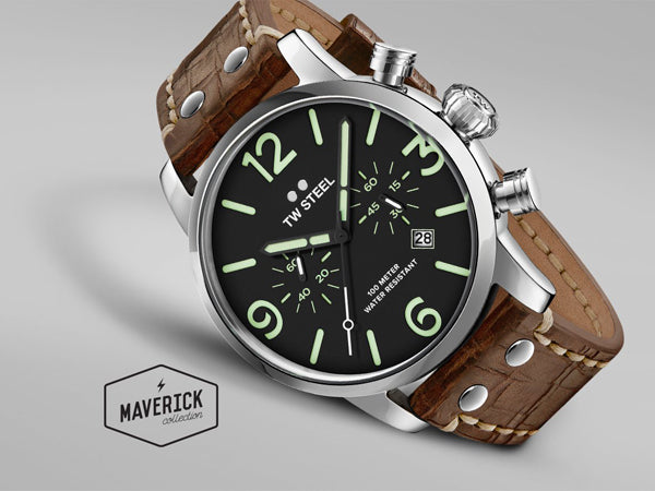 TW Steel Chronograph Maverick Edelstahlgehäuse Lederarmband Dunkelbraun Ziffernblatt Schwarz 48 mm 10 ATM MS14