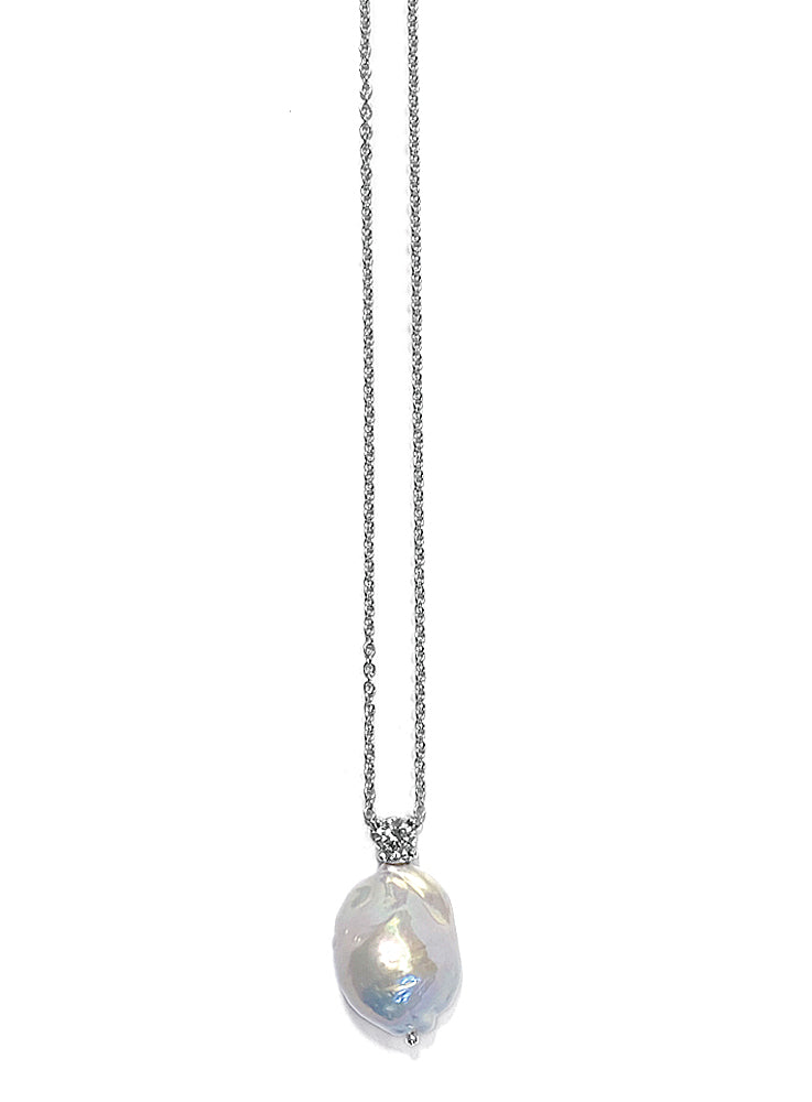Ultima Edizione Filigrane Erbskette Barock-Süßwasserperle Weiß Zirkonia 925 Sterling Silber Rhodiniert
