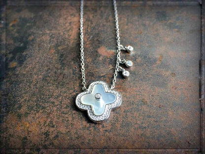 Filigrane Erbskette Kleeblatt Perlmutt Pavé-Zirkonia Weiß Sterling Silber Rhodiniert