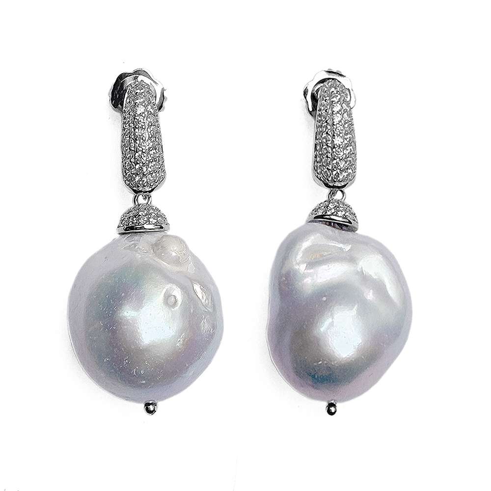 Ultima Edizione Perlohrringe Barockperlen Süßwasserperlen Hellgrau Pavé Zirkonia 925 Sterling Silber Rhodiniert