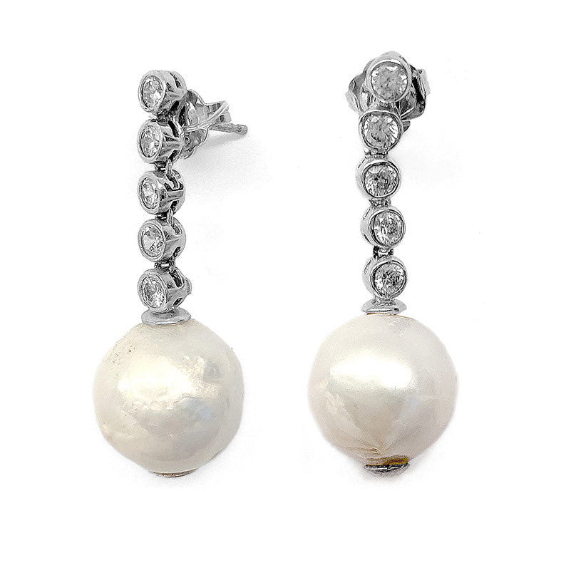 Ohrringe Barock-Süßwasserperle Weiß Zirkonia 925 Sterling Silber Rhodiniert 4 cm lang