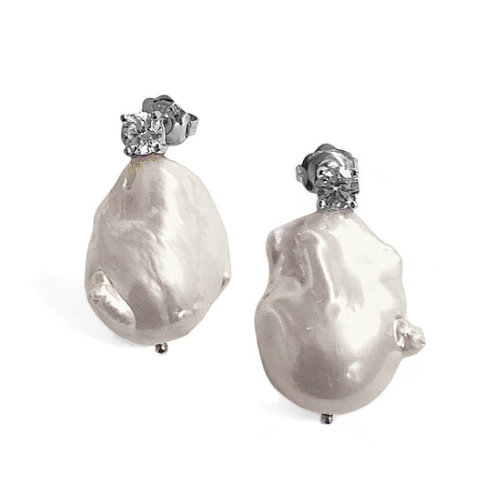 Ultima Edizione Ohrringe Barockperlen Gross Weiß 925 Sterling Silber Zirkonia Unikat 