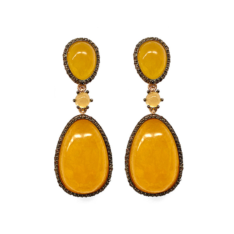 Statement-Pendelohrringe Orangen-Calcit Cabochon Pavé-Zirkonia Braun 925 Sterling Silber Rosé Plattiert Unikat
