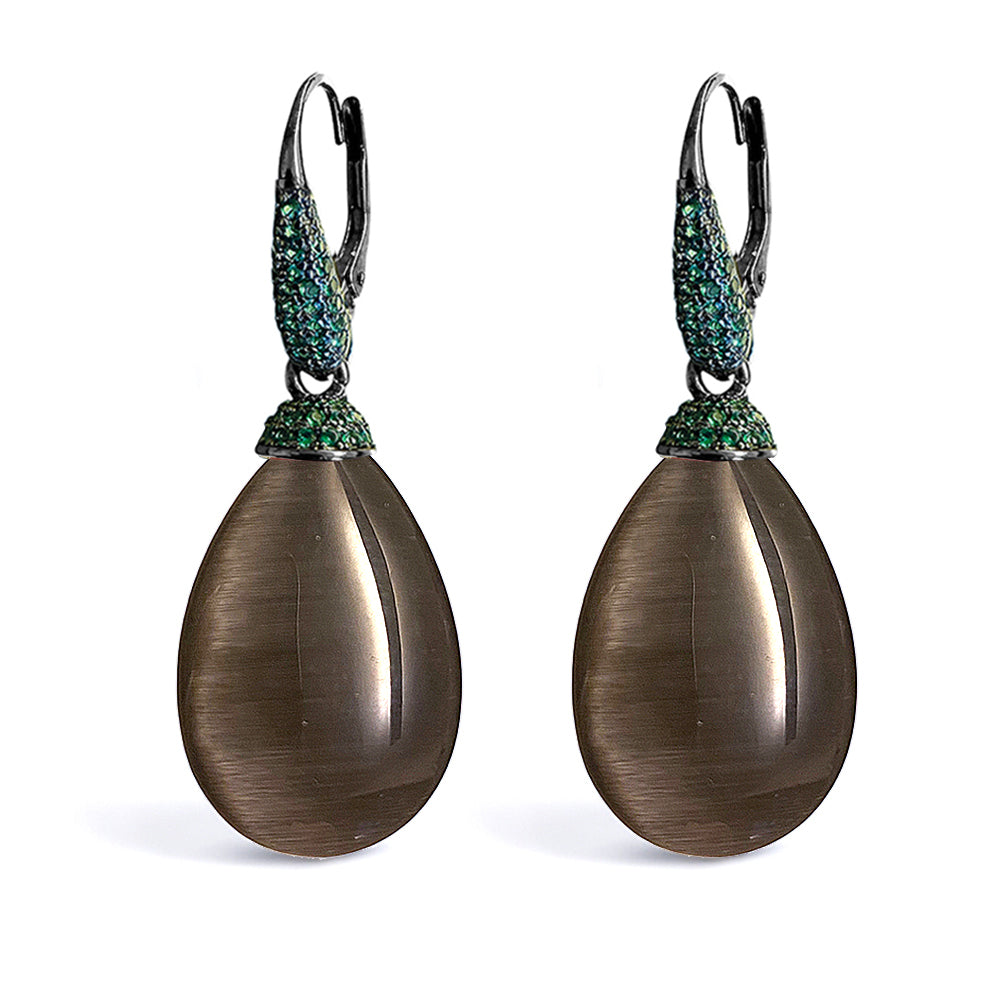 Ultima Edizione Tropfen-Ohrringe Pendel Zirkonia Cabochon Grau Pavé Grün 925 Sterling Silber
