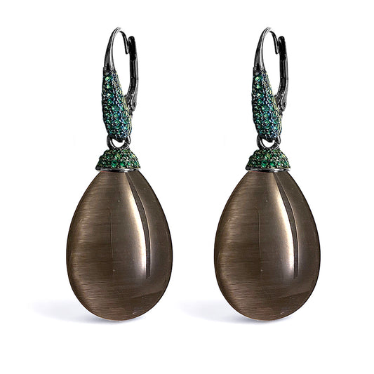Ultima Edizione Tropfen-Ohrringe Pendel Zirkonia Cabochon Grau Pavé Grün 925 Sterling Silber