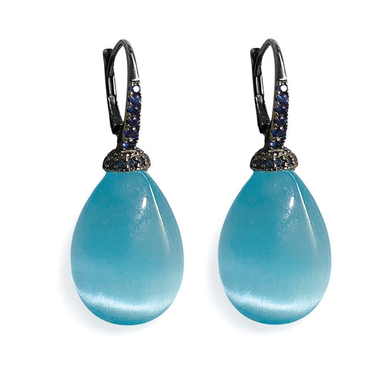 Ultima Edizione Tropfen-Ohrringe Pendel Zirkonia Pavé BlauCabochon Aqua Türkis Sterling Silber
