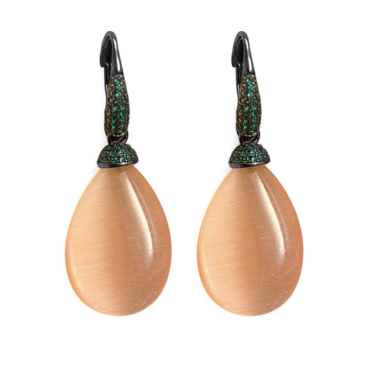 Ultima Edizione Tropfen-Ohrringe Pendel Zirkonia Pavé Grün Cabochon Apricot Mandarin Sterling Silber