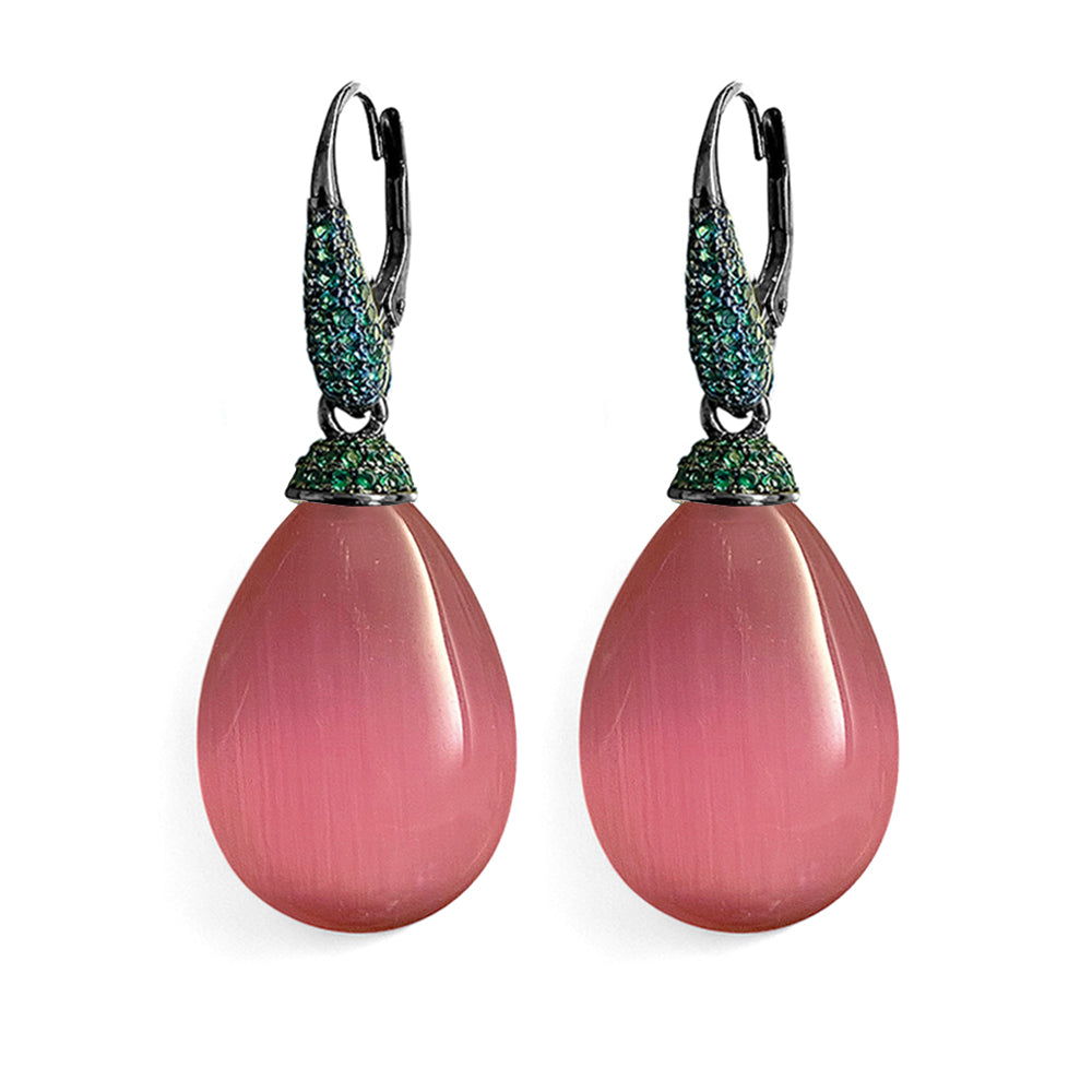Ultima Edizione Tropfen-Ohrringe Pendel Zirkonia Pavé Grün Cabochon Pink Sterling Silber