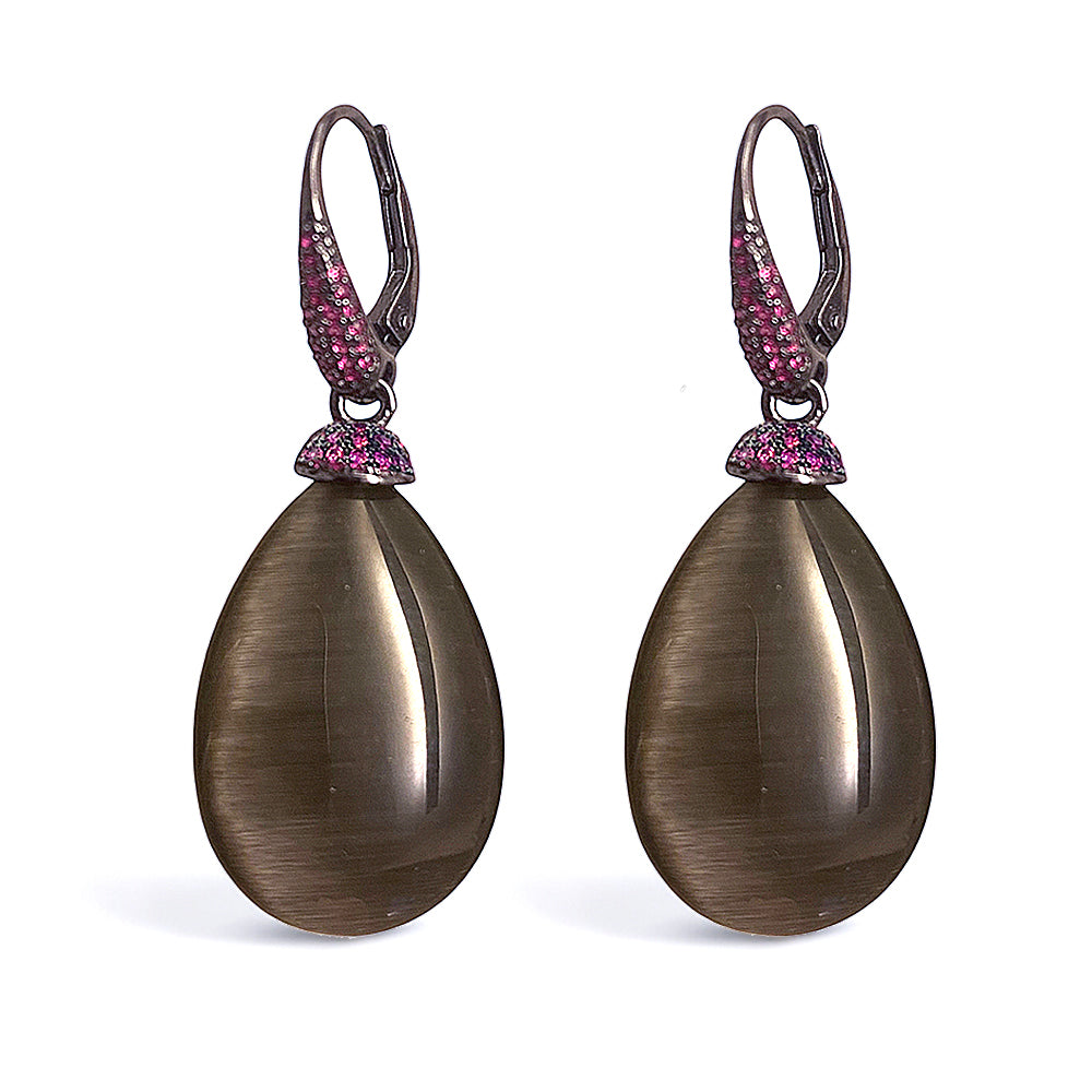 Ultima Edizione Tropfen-Ohrringe Pendel Zirkonia Pavé Pink Cabochon Grau Sterling Silber
