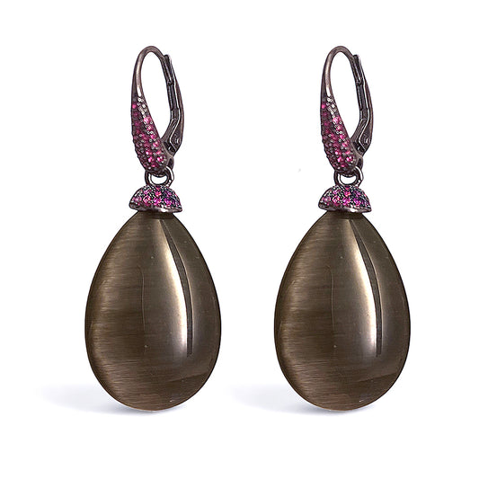 Ultima Edizione Tropfen-Ohrringe Pendel Zirkonia Pavé Pink Cabochon Grau Sterling Silber
