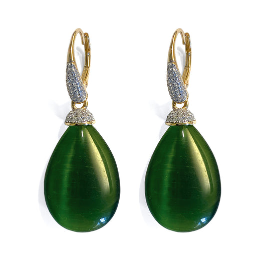 Ultima Edizione Tropfen-Ohrringe Pendel Zirkonia Pavé Weiß Cabochon Olivgrün Sterling Silber Vergoldet