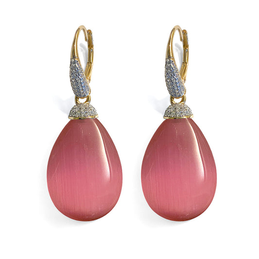 Ultima Edizione Tropfen-Ohrringe Pendel Zirkonia Pavé Weiß Cabochon Pink Sterling Silber Vergoldet