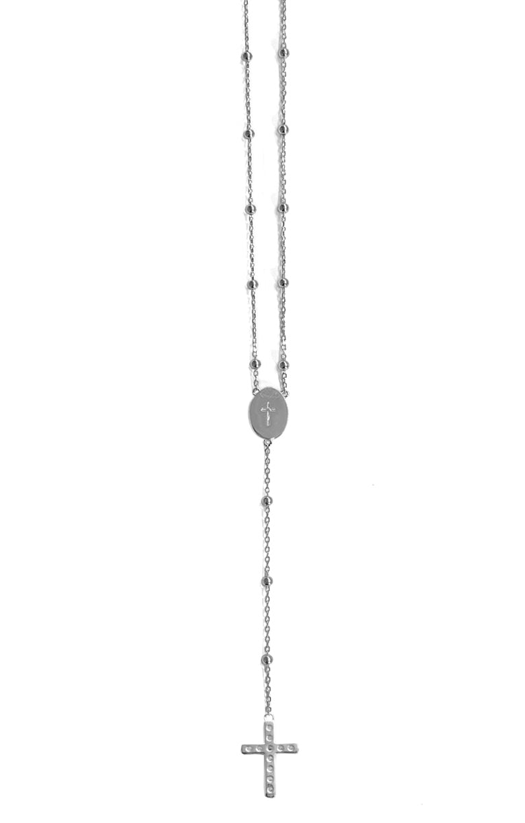 Ultima Edizione Rosenkranz Y-Kette Madonna Kreuz Pavé Zirkonia 925 Sterling Silber Rhodiniert