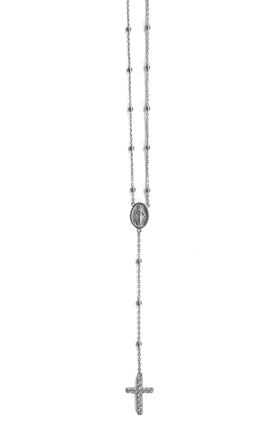 Ultima Edizione Rosenkranz Y-Kette Madonna Kreuz Pavé Zirkonia Sterling Silber Rhodiniert