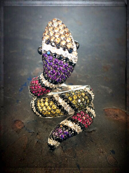 Statement-Schlangenring Pavé-Zirkonia Multicolor 925 Sterling Silber Rhodiniert Massiv 4,5 cm