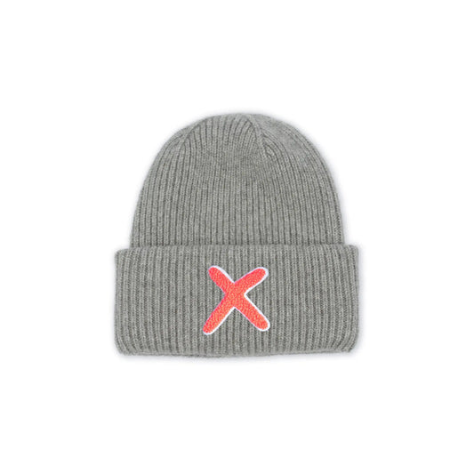 UNIO Strickmütze Lumi X Grey Grau Merinowolle Cashmere Unisex Nachhaltig Fair Produziert X-Patch Orange