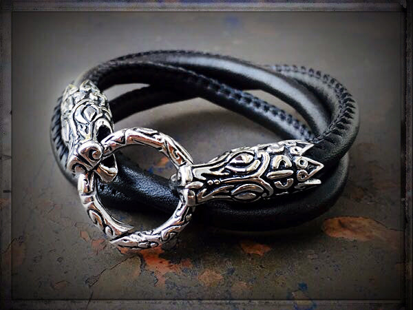 Wickelarmband Halskette Leder Schwarz Krokodilkopf-Verschluss Edelstahl 58 cm Lang