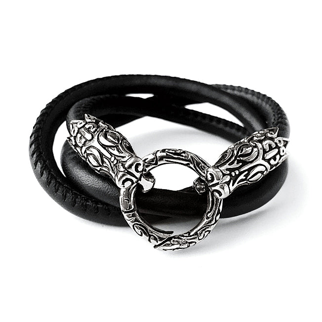 Wickelarmband Halskette Leder Schwarz Krokodilkopf-Verschluss Edelstahl 58 cm