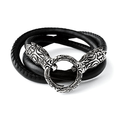 Wickelarmband Halskette Leder Schwarz Krokodilkopf-Verschluss Edelstahl 58 cm