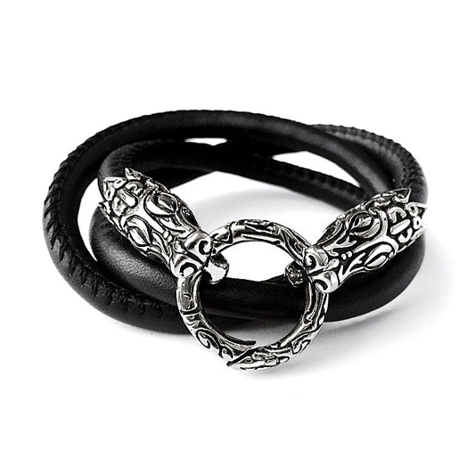 Wickelarmband Halskette Leder Schwarz Krokodilkopf-Verschluss Edelstahl 58 cm